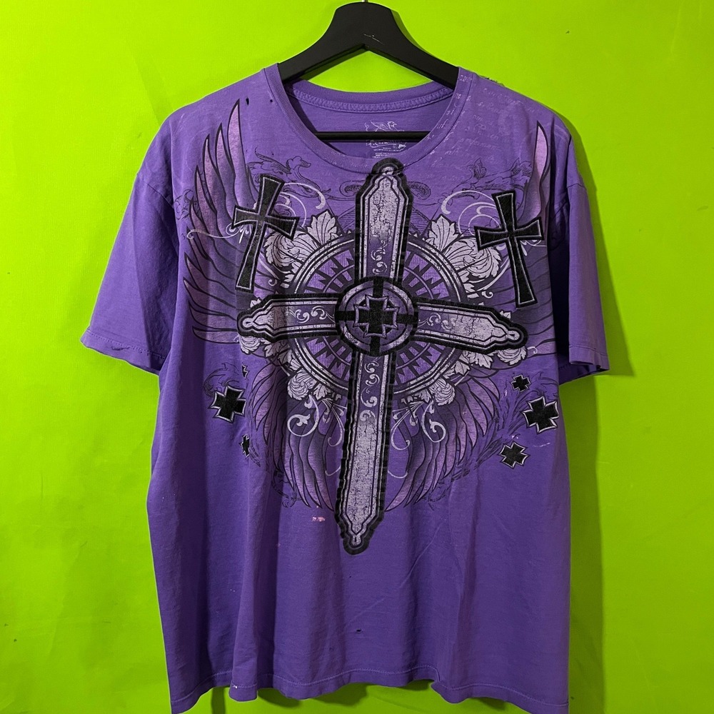 Chemistry Mens XL Purple Gothic Cross Wing Graphic T-Shirt Y2K MMA Streetwear